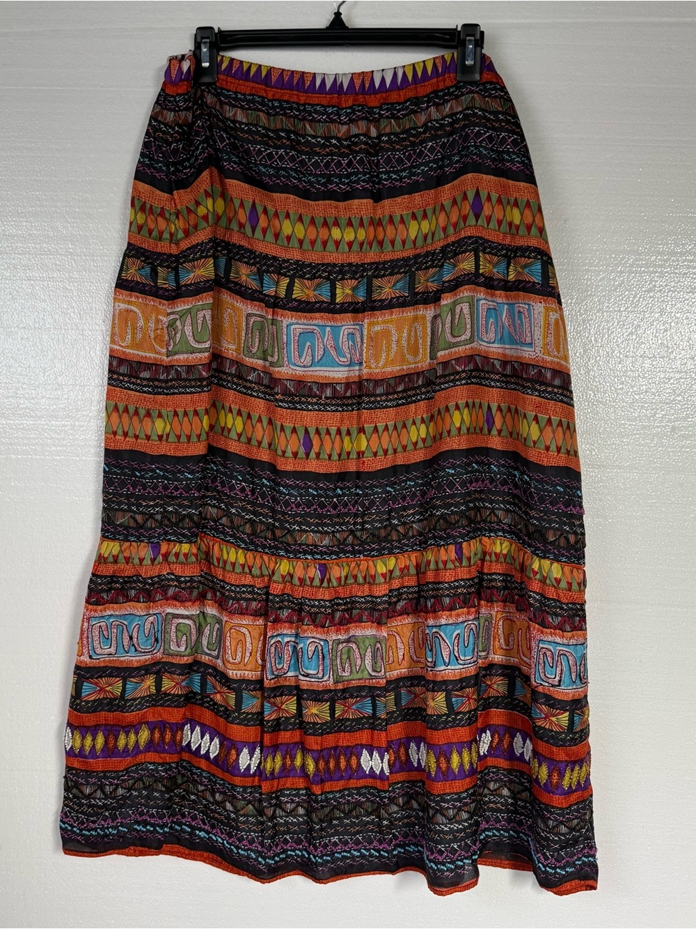Vintage Chico’s 2 Boho Embroidered Maxi Skirt Multicolor Geometric Beaded Silk